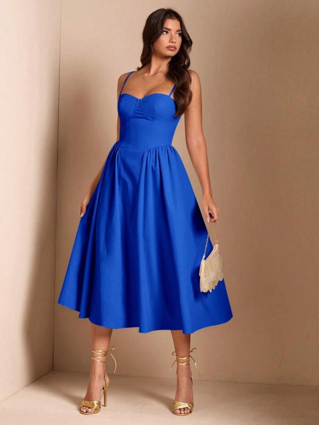 royal blue corset midi dress with gathered skirt