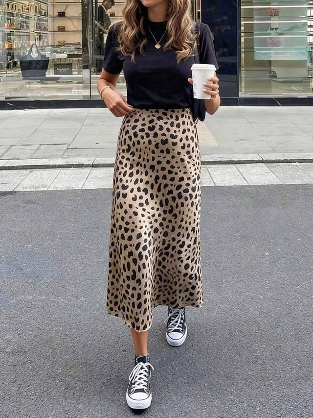 leopard print satin midi skirt