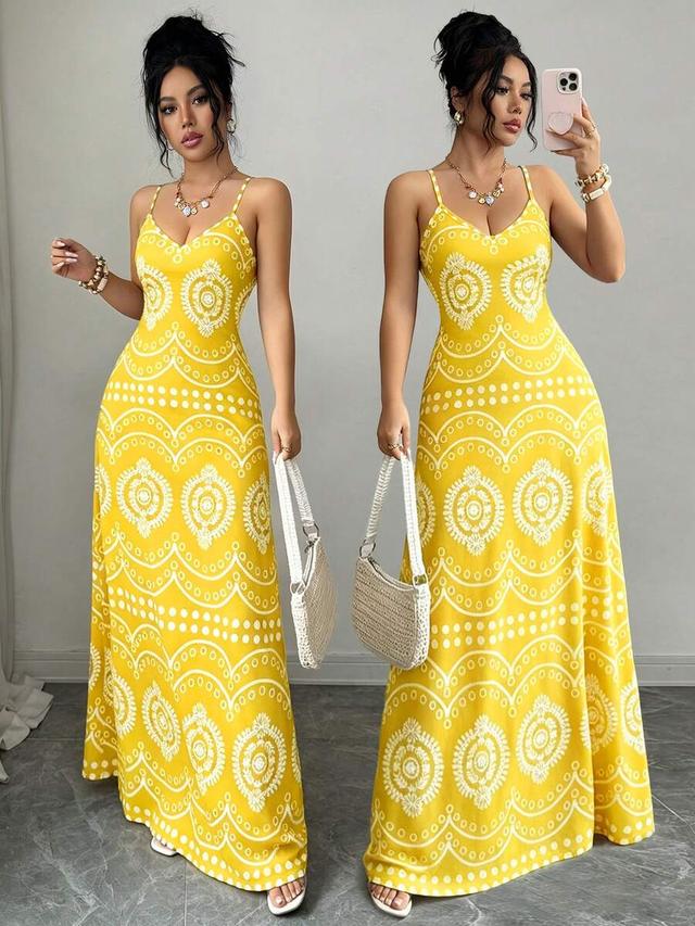 yellow printed spaghetti strap maxi dress