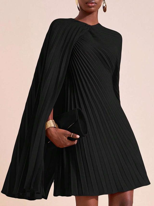 elegant black cape-style pleated short dress