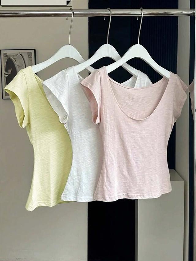 pink inawly solid color scoop neck casual short sleeve t-shirt