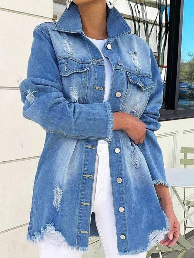 distressed blue denim longline jacket