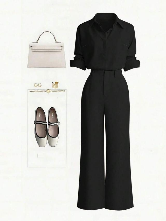 black button-up shirt and straight leg trousers set