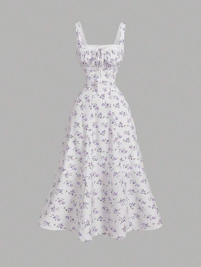 floral print square neck lace up midi dress