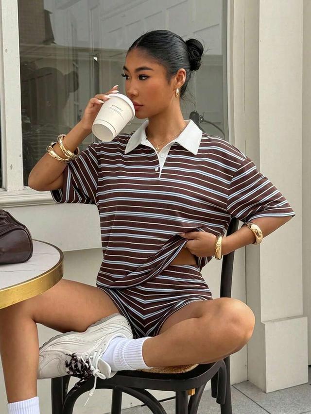 brown striped knitted polo top and matching shorts set