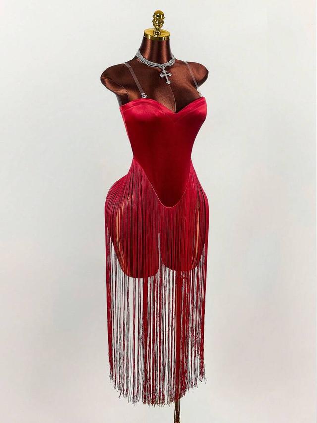 burgundy red strapless corset dress with fringe hem