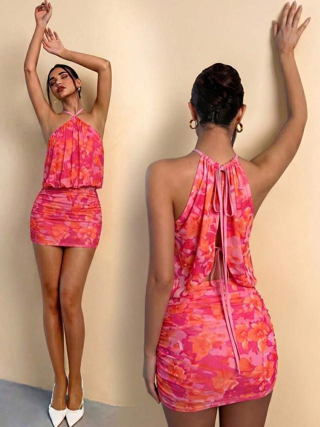 pink and orange floral print ruched halter dress