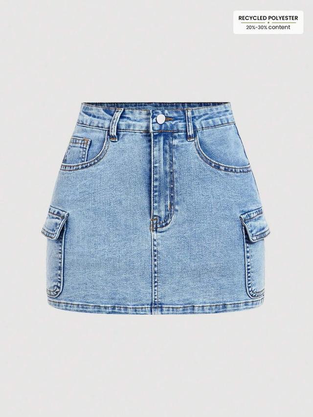 light wash denim cargo mini skirt