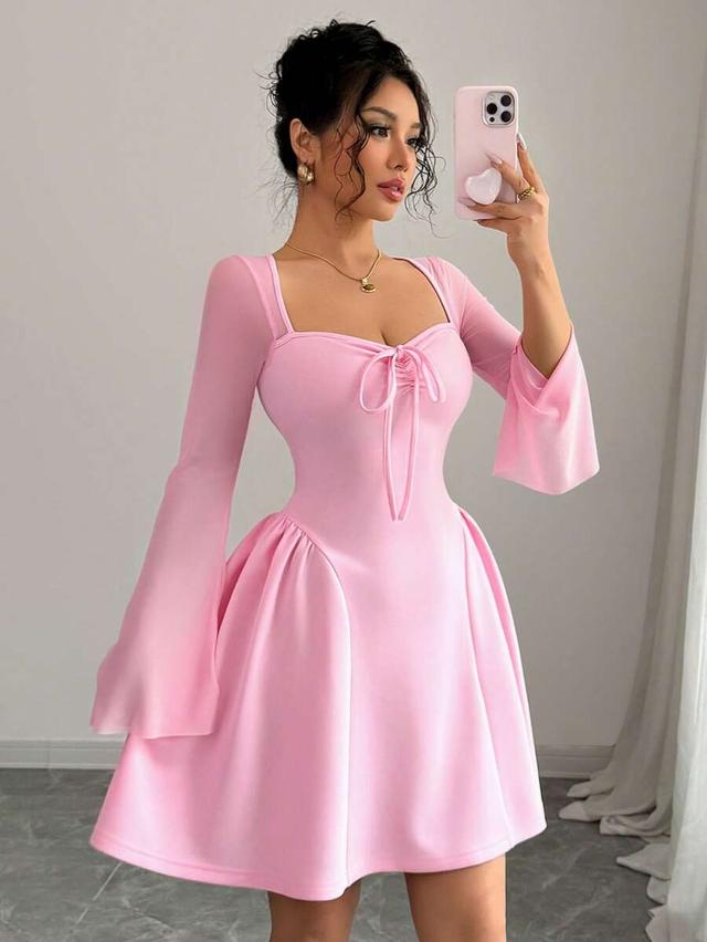 pink mesh patchwork a-line dress with bowknot collar