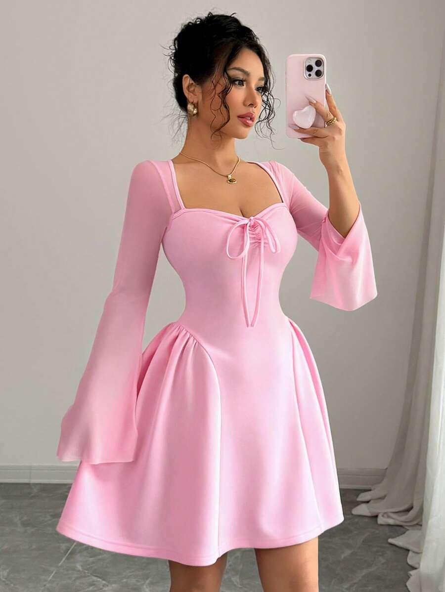 pink mesh patchwork a-line dress with bowknot collar