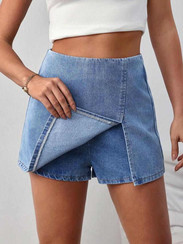 blue denim skort with wrap front detail