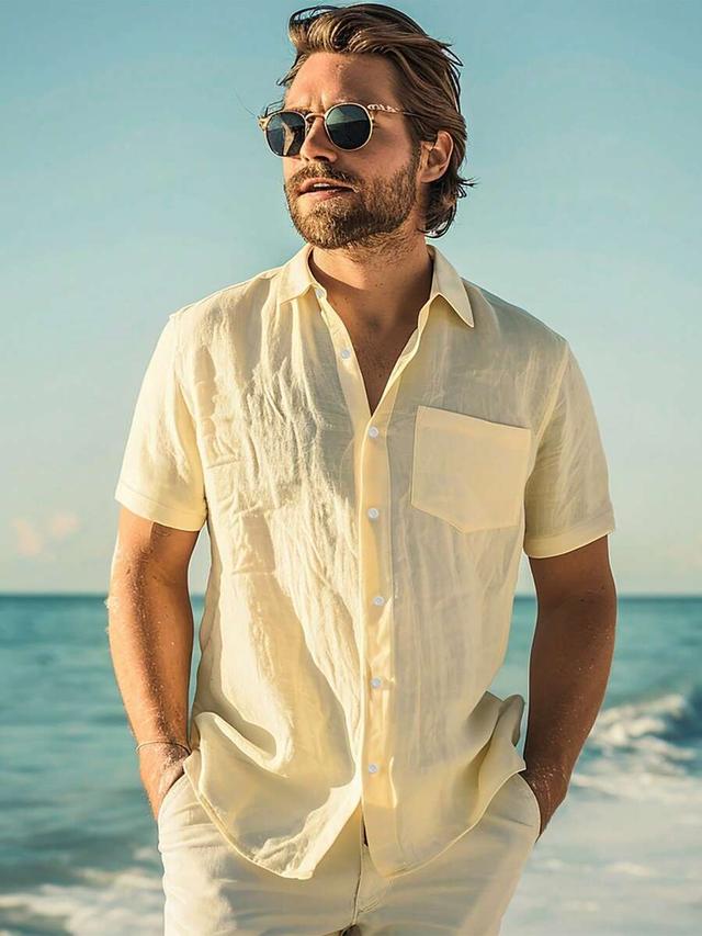 men's solid color casual linen blend shirt