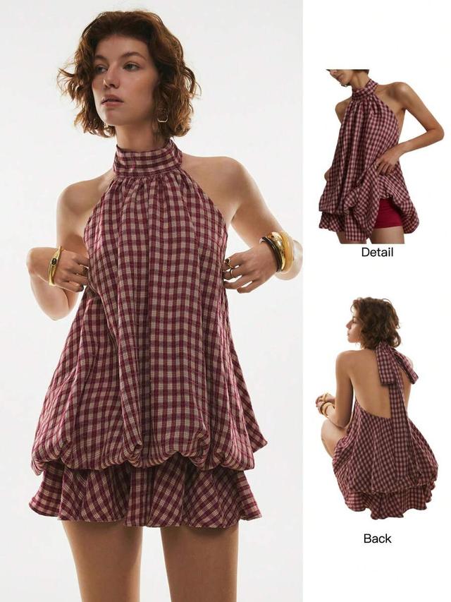 burgundy and cream plaid halter bubble dress
