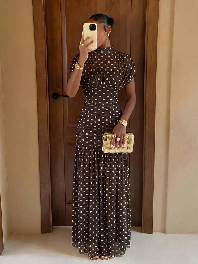 brown polka dot ruched midi dress