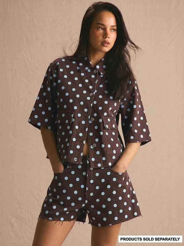 brown polka dot denim boxy button-up shirt
