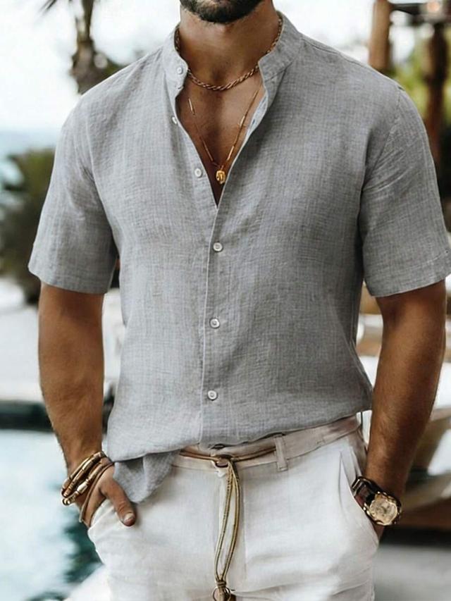 men's minimalist gray mandarin collar short sleeve linen shirt