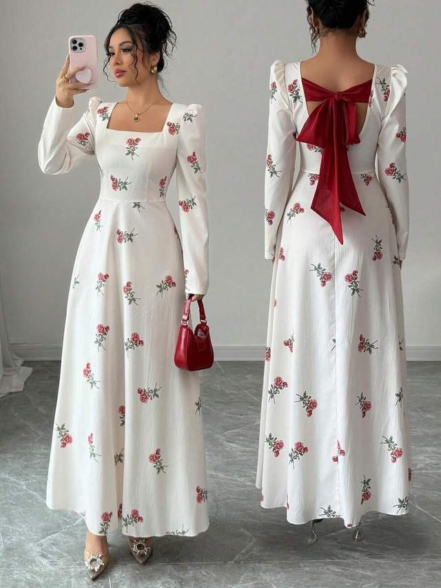 floral printed long fitted dress with contrast back bow