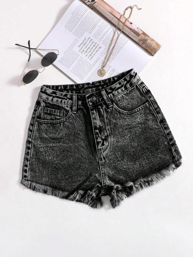 acid wash black denim frayed hem shorts