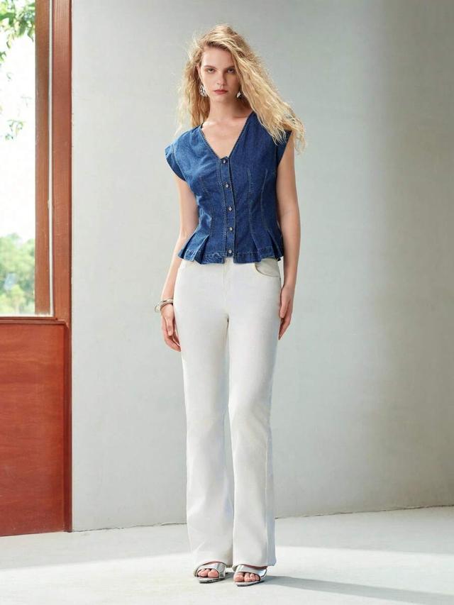 motf premium women's waist-cinching front button denim top