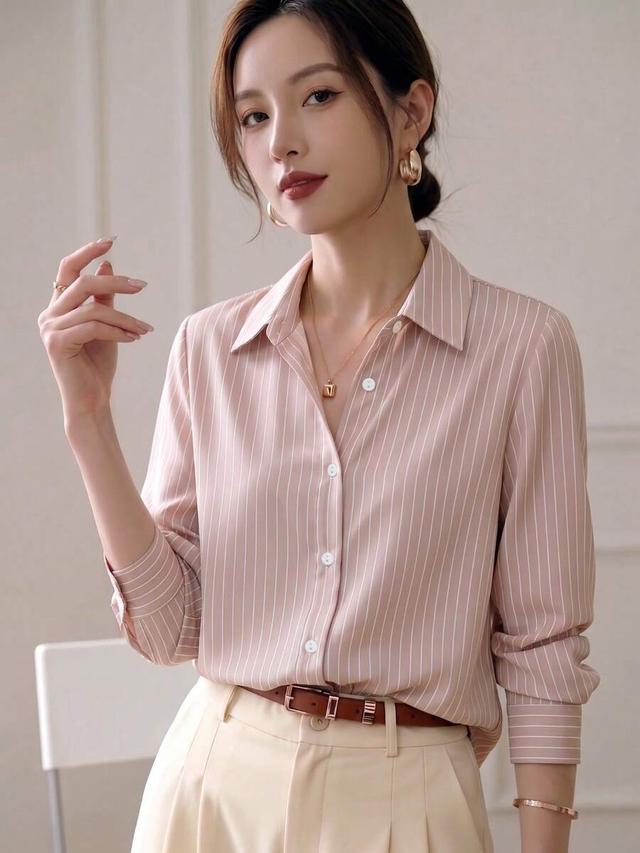 pink and white striped long sleeve button down shirt