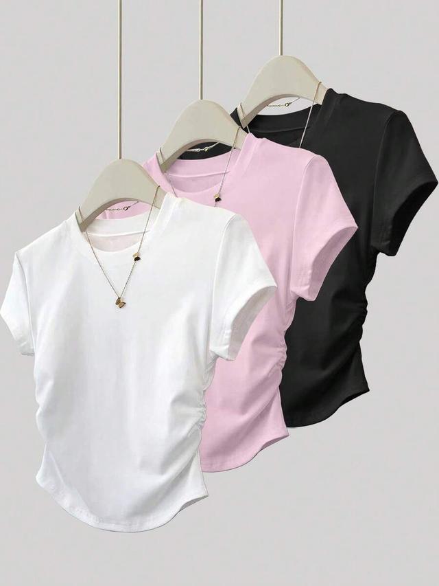 white casual ruched waist short sleeve t-shirt