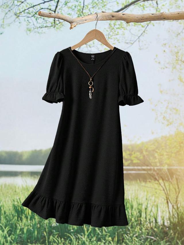 black textured crepe shift dress with ruffled sleeves