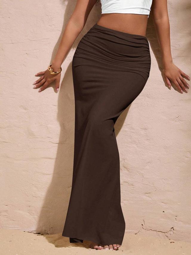 espresso brown pleated fishtail hem long skirt