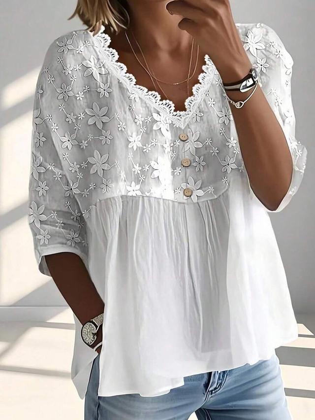 white floral embroidered lace patchwork v-neck casual shirt