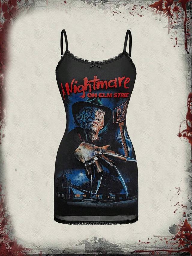 black print nightmare on elm street graphic mesh camisole mini dress