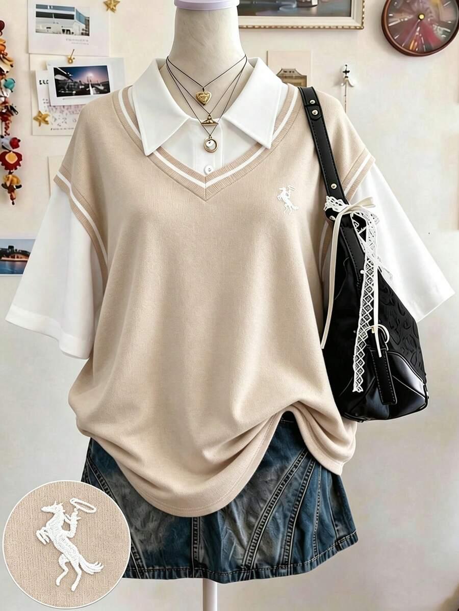 beige embroidered layered polo neck t-shirt