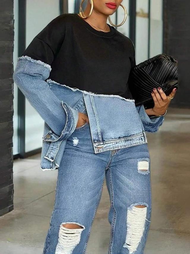 magic mia women's black denim patchwork sweatshirt