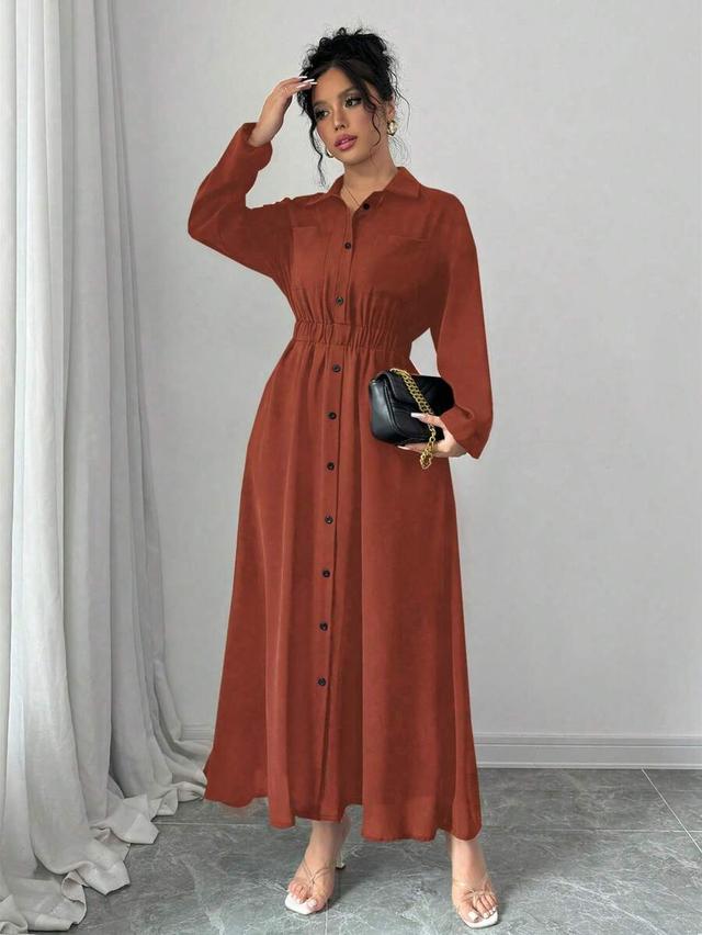 rust brown long-sleeved button-down shirt dress