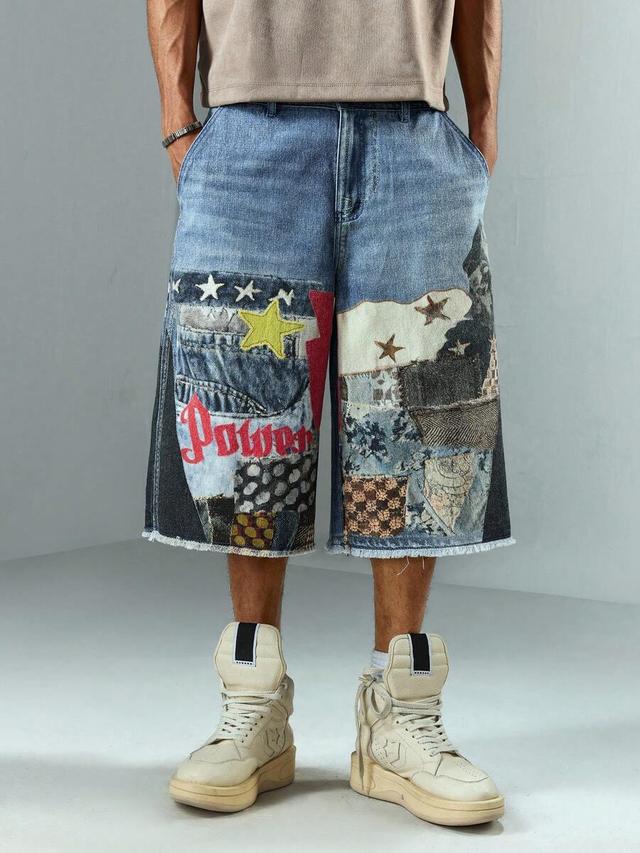 retro digital print patchwork denim shorts