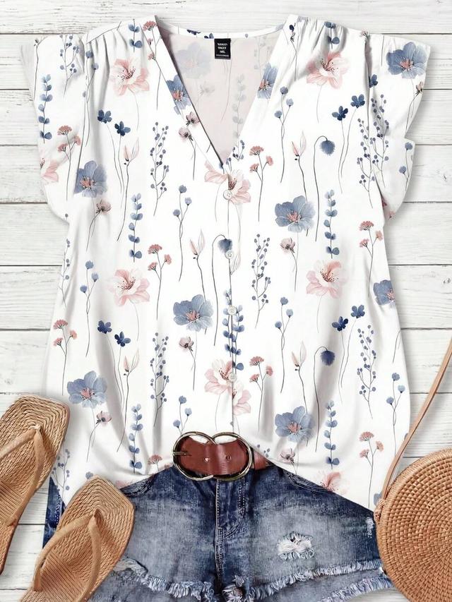 white floral watercolor boho flutter sleeve blouse