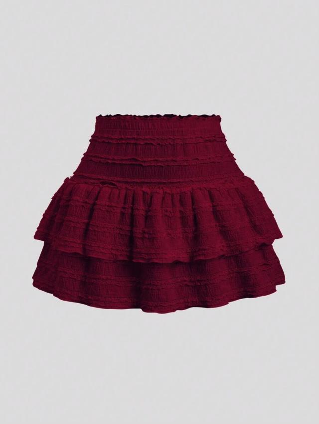 burgundy ruffle hem casual mini skirt