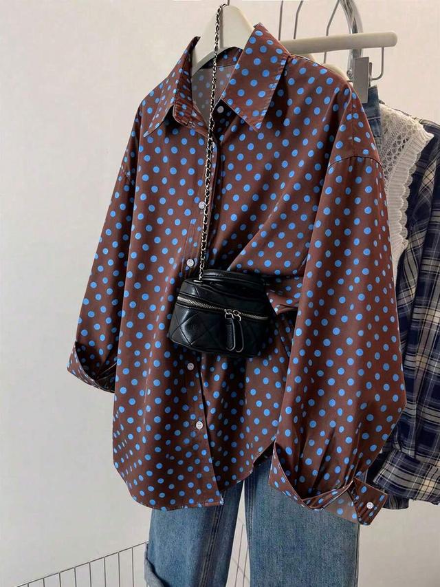 brown and blue polka dot long sleeve shirt