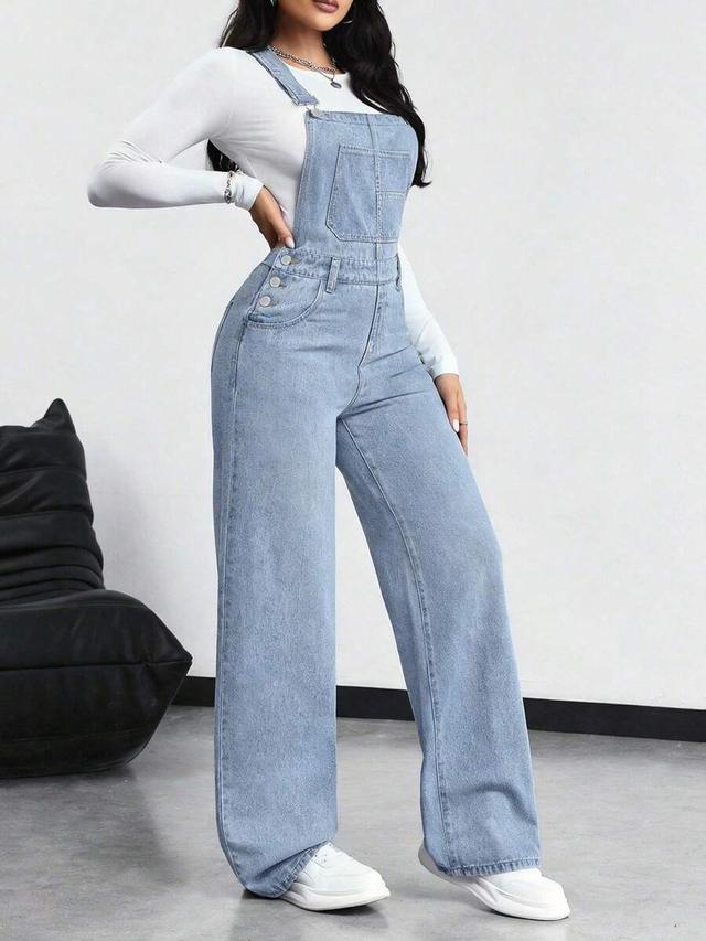 light wash denim wide leg overall jumpsuit