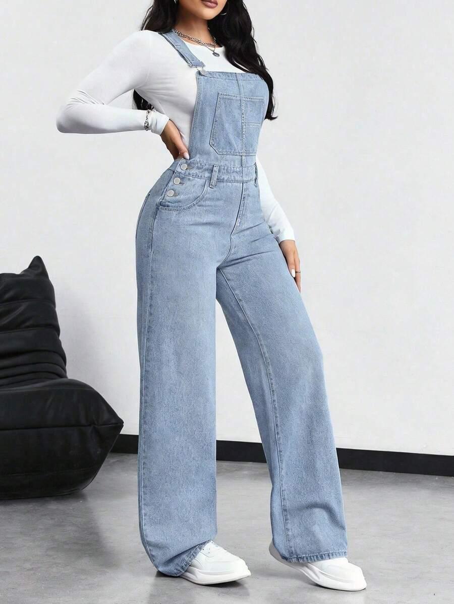 light wash denim wide leg overall jumpsuit