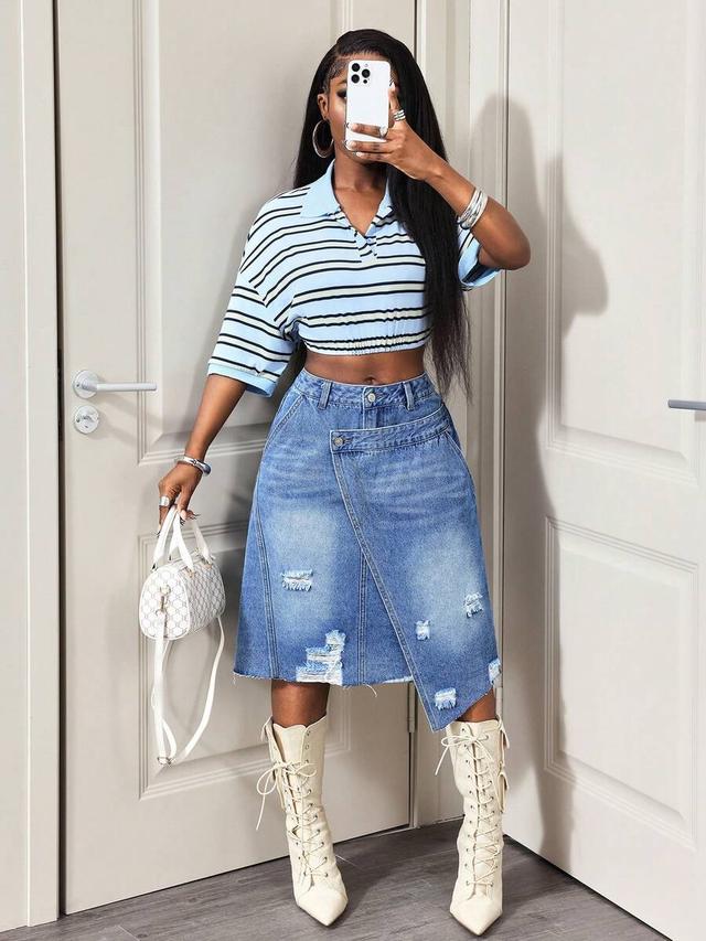 layered distressed denim midi skirt