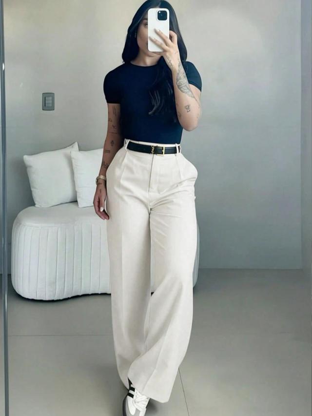 women's high waist slim fit wide leg white trousers