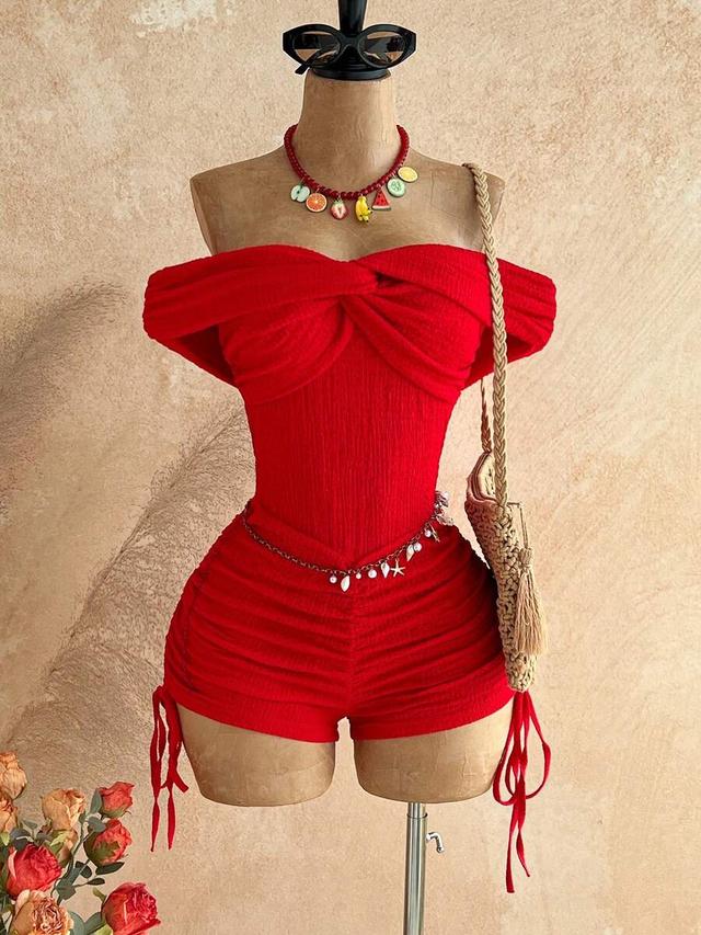 red textured knit off-shoulder ruched drawstring jumpsuit