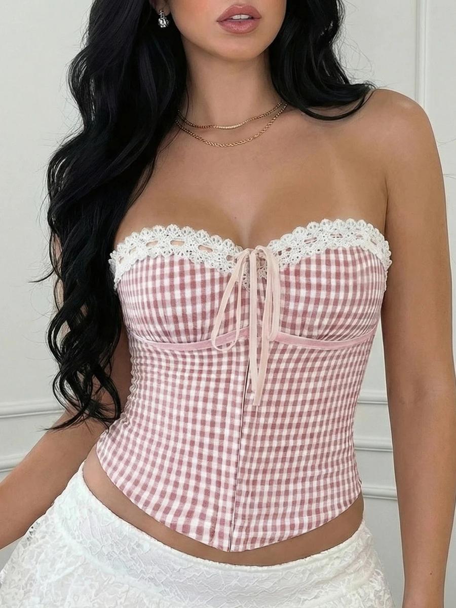 women's pink plaid corset bustier top with lace trim