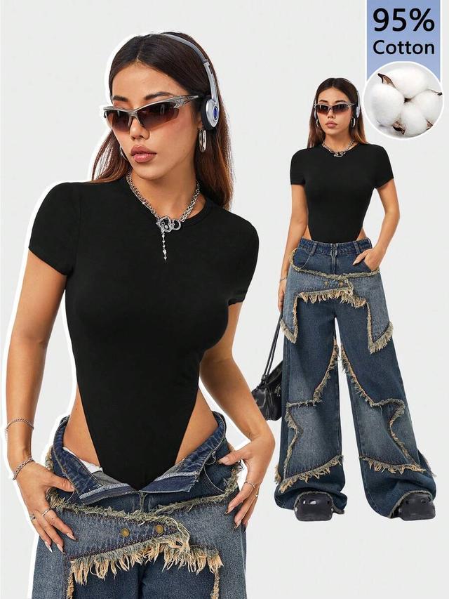 black cotton knit high-cut y2k bodysuit