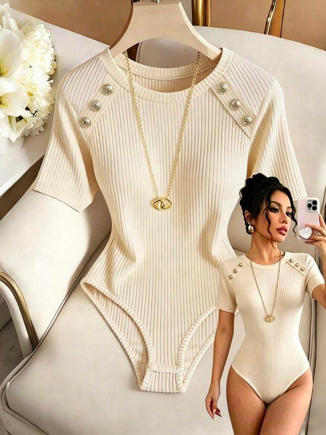 apricot ribbed round neck button decor short sleeve bodysuit