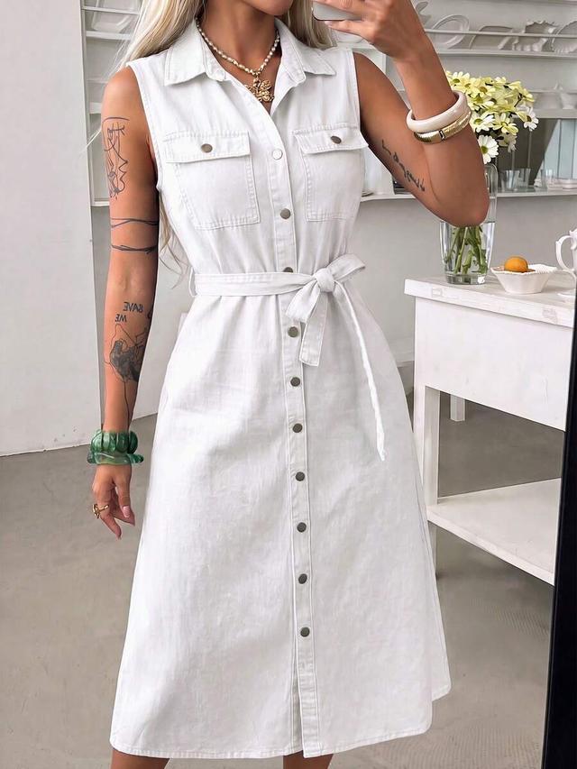 women's sleeveless white denim midi dress