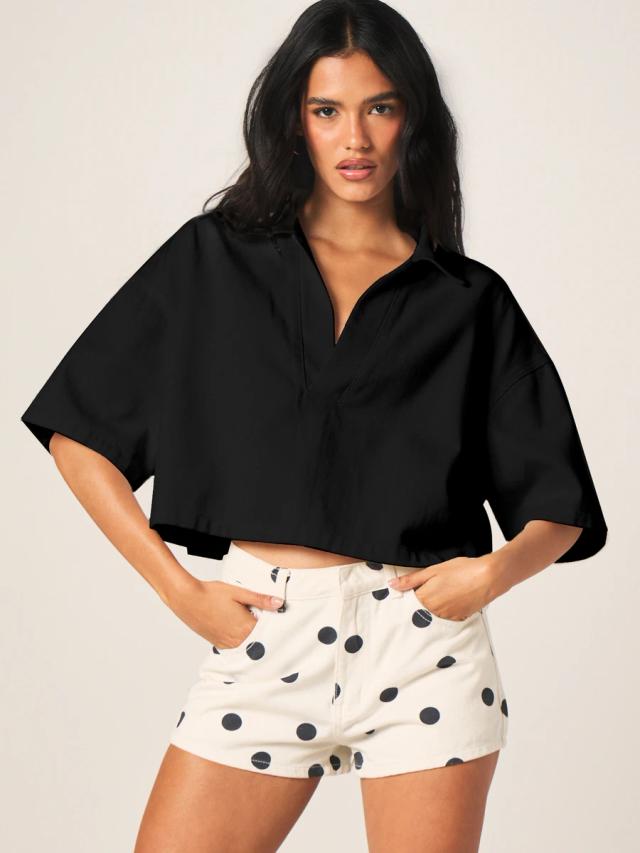 black cotton poplin cropped boxy shirt