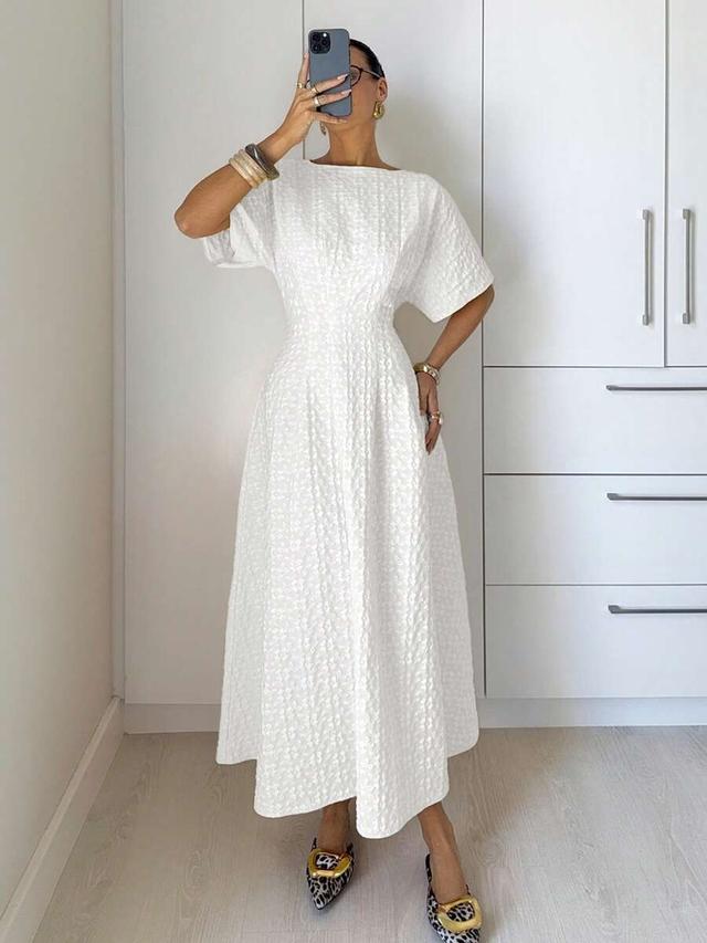 white jacquard boat neck batwing sleeve midi dress