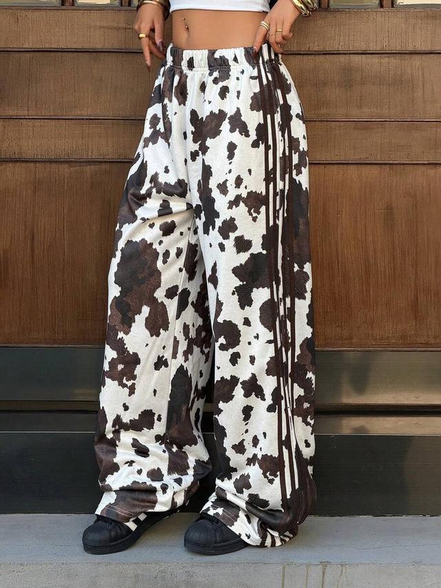 cow print wide leg elastic waist sweatpants