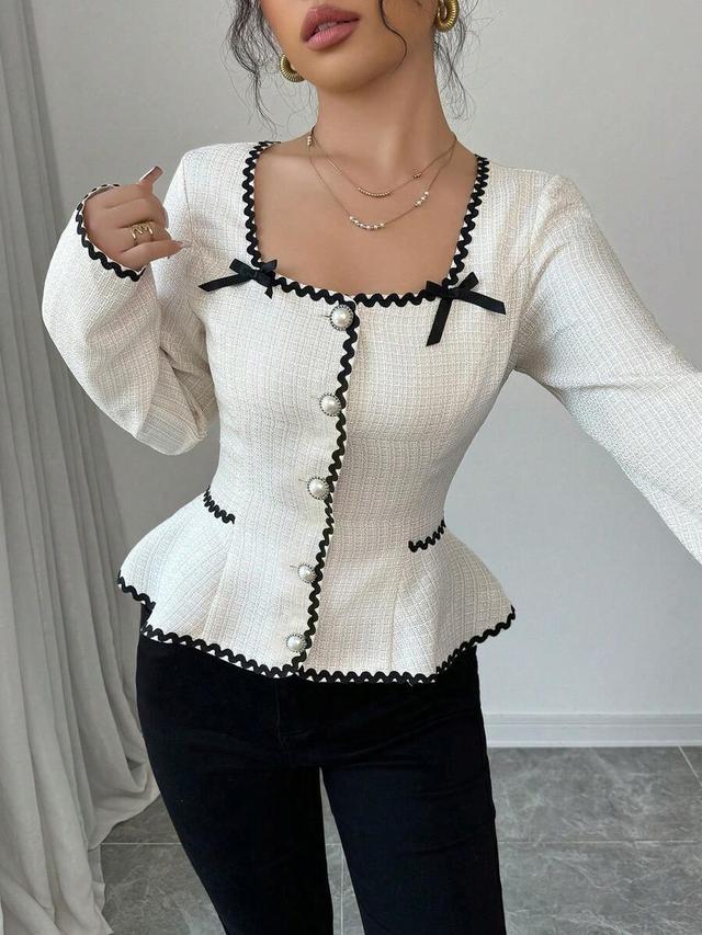 elegant contrast trim bow decor cinched waist blouse