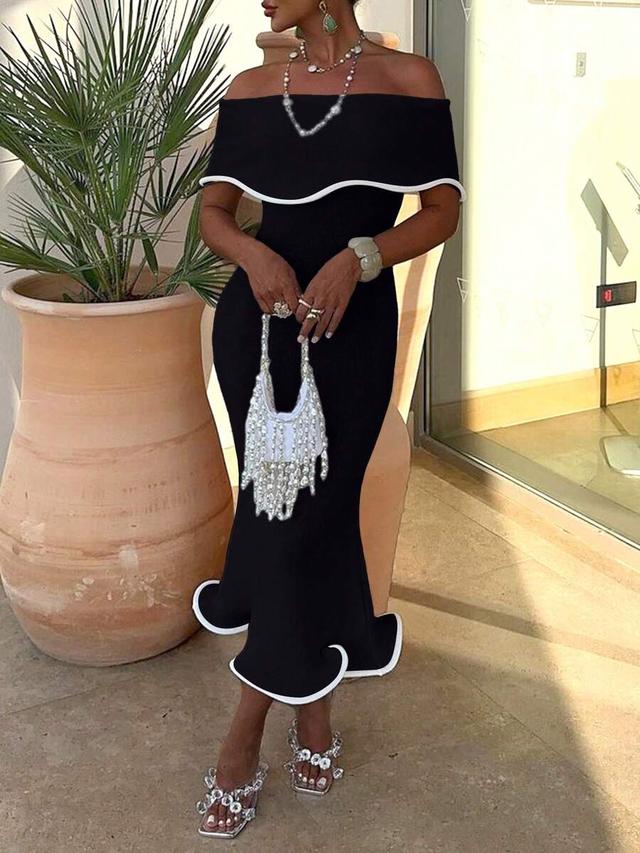 off shoulder contrast trim ruffle bodycon mermaid knit dress